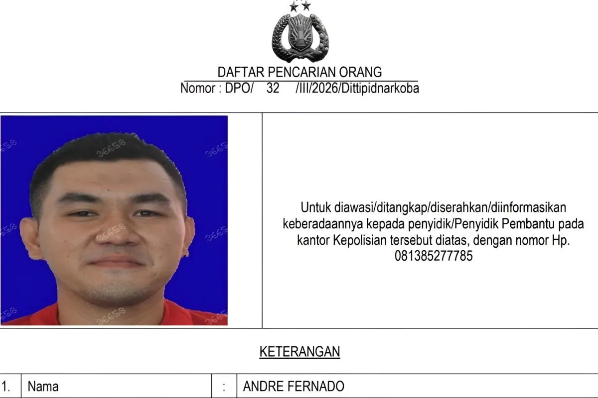 Surat daftar pencarian orang (DPO) terhadap Ko Andre alias “The Doctor” yang diterbitkan Dittipidnarkoba Bareskrim Polri. (ANTARA/HO-Dittipidnarkoba Bareskrim Polri)