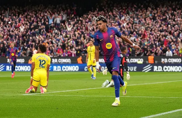 Penyerang sayap Barcelona, Lamine Yamal berselebrasi usai mencetak gol ke gawang Villareal dalam lanjutan Liga Spanyol 2025/2026 di Stadion Spotify Camp Nou, Barcelona, Sabtu (28/2/2026). Barcelona menang dengan skor 4-1 atas Villareal dalam laga tersebut. (FC Barcelona)